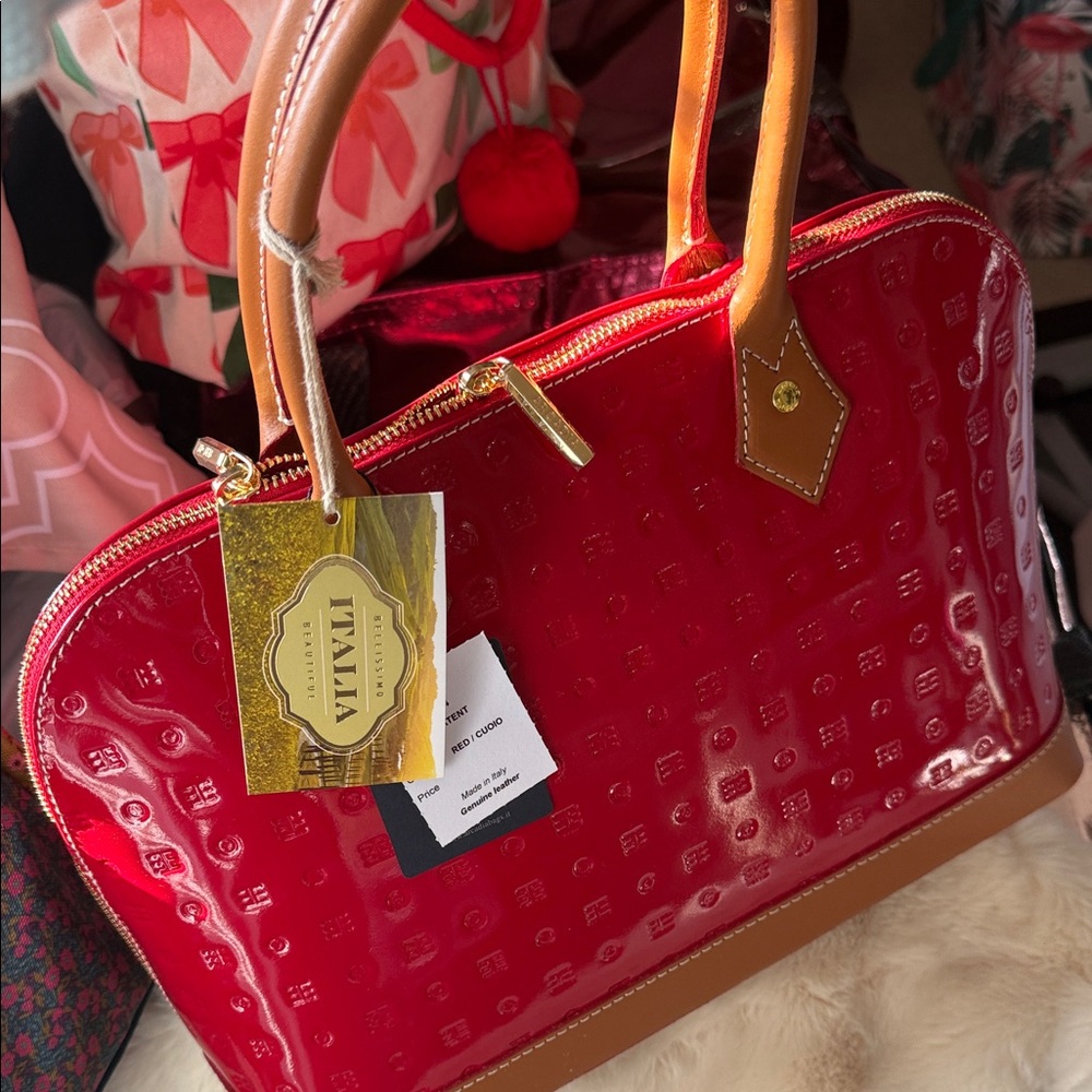 Italina Glossy Red and Tan Satchel